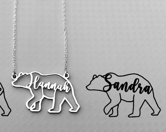 Bear Name Necklace, Bear Necklace for Woman, Personalized Equine Necklace, Elegant Silver Bear Necklace, Custom Bear Necklace, Gifts for her