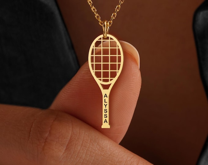 Tennis Racket Necklace, Personalized Tennis Pendant, Tennis Necklace, Tennis Lover Gift, Gold Sports Charm Necklace, Gift for Tennis Players