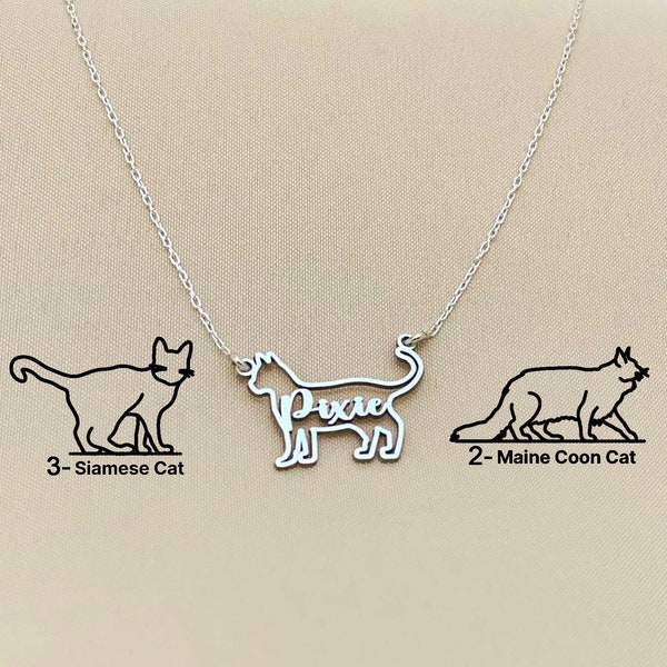 Cat Necklace, Cat Necklace with Name, Custom Cat Name Necklace, Sterling Silver Cat Breeds, Cat Memorial Gift, Cat Mom Gitfs, Cat Loss Gift
