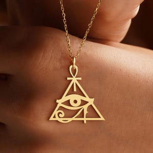 Eye of Horus Triangle Necklace • Egyptian Symbol Pendant • Spiritual Protection Jewelry • Ankh & Eye of Ra Necklace