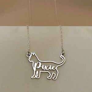 May include: A silver necklace featuring a cat silhouette pendant. The cat's name, "Pixie", is inscribed within the silhouette.
