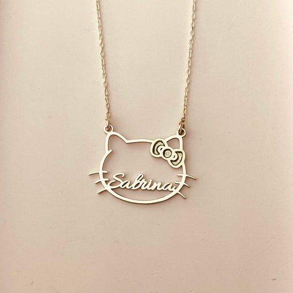 Cute Kitty Necklace, Kawaii Kitty Necklace, Cute Kitty Cat Name Necklace, Kitty Necklace in Sterling Silver, Kitty Jewelry, Gifts For Kids