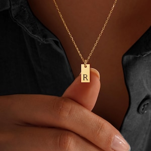 Custom Initial Tag Necklace, Gold Letter Bar Pendant, Engraved Letter Necklace, Tiny Tag Charm, Rectangle Tag Necklace