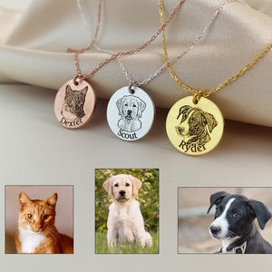 May include: Three personalized pet portrait necklaces. One rose gold with a cat portrait and the name "Dexter". One silver with a dog portrait and the name "Scout". One gold with a dog portrait and the name "Ryder".
