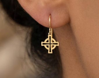 Celtic Cross Dangle Earrings, Minimalist Irish Jewelry, Geometric Faith Drop, Spiritual Gift for Her, Simple Cross Earrings
