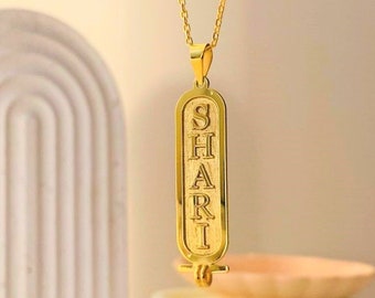 14K Gold Cartouche Name Necklace, Custom Cartouche Name Necklace, Gold Bar Necklace, Engraved Name Necklace, Filled Bar Name Necklace