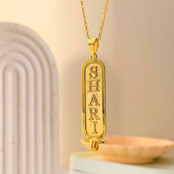 14K Gold Cartouche Name Necklace, Custom Cartouche Name Necklace, Gold Bar Necklace, Engraved Name Necklace, Filled Bar Name Necklace