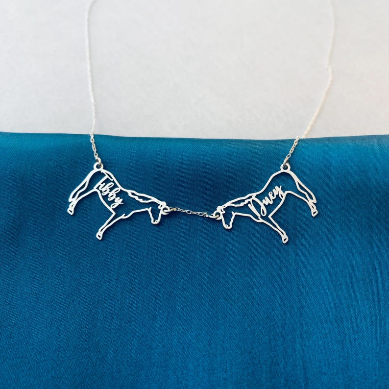 May include: A silver necklace with two horse silhouettes linked by a chain. Each horse has a name inscribed on it, "Libby" and "Joey". The necklace is shown against a dark teal fabric background.