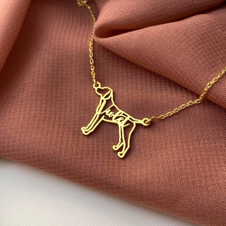 May include: Gold necklace with a dog silhouette pendant. The pendant is cut out in the shape of a dog and the name "Lola" is written inside the silhouette.