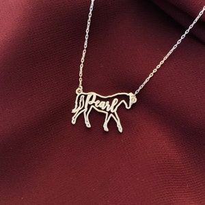 K&ouml;nnte beinhalten: Eine silberne Pferdenkette mit dem Namen "Pearl", der im K&ouml;rper des Pferdes ausgeschrieben ist. Die Kette liegt auf einem maroonfarbenen Stoffhintergrund.