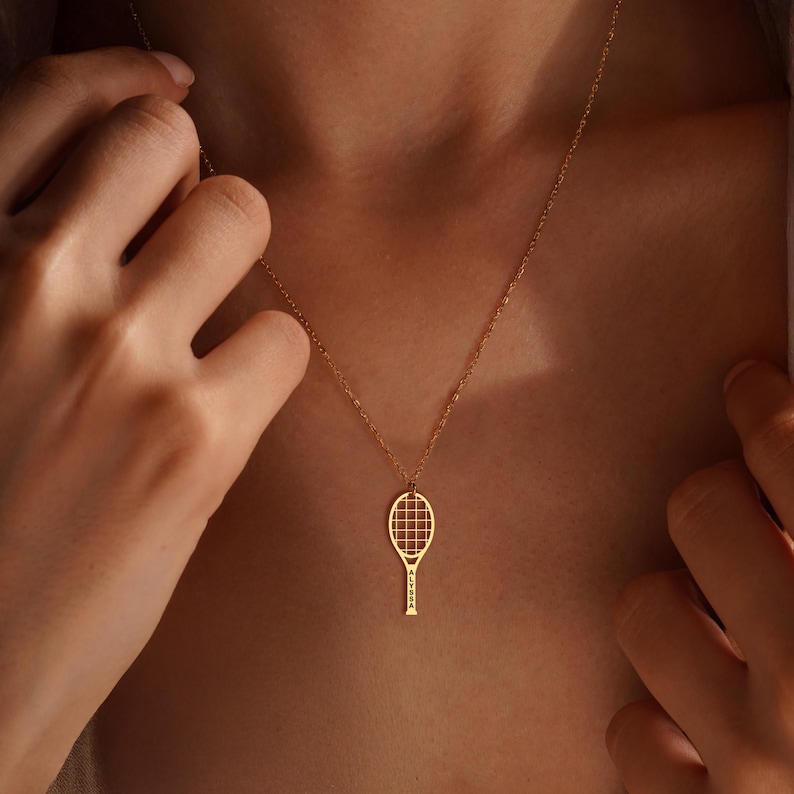 Tennis Racket Necklace, Personalized Tennis Pendant, Tennis Necklace, Tennis Lover Gift, Gold Sports Charm Necklace, Gift for Tennis Players image 2