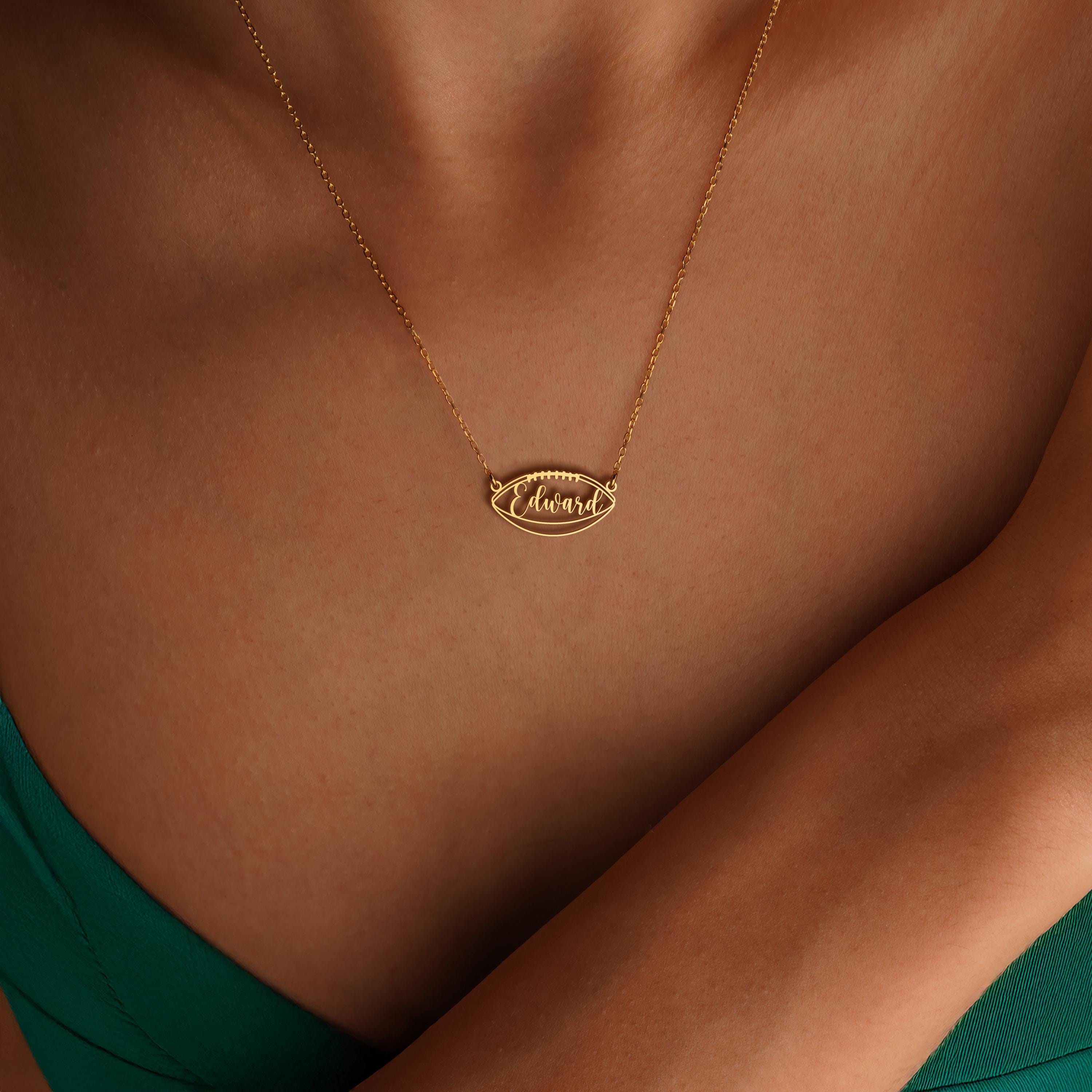 Football Name Necklace, Custom Gold Football Necklace, Personalized Sports Pendant, Unique Gift for Football Fans, Sports Jewelry