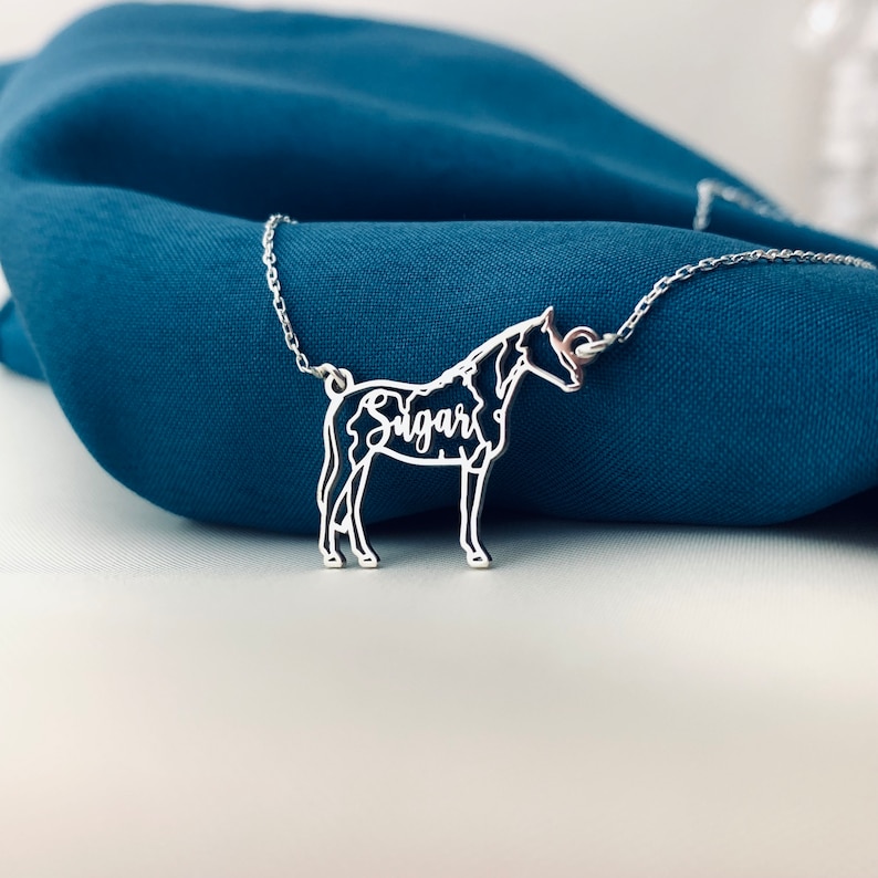 Peut inclure: Collier en argent en forme de cheval avec le nom "Sugar" d&eacute;coup&eacute; &agrave; l'int&eacute;rieur de la silhouette du cheval.