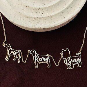 May include: A silver necklace with three dog silhouettes, each with a name inscribed: Coco, Remy, and Bing.
