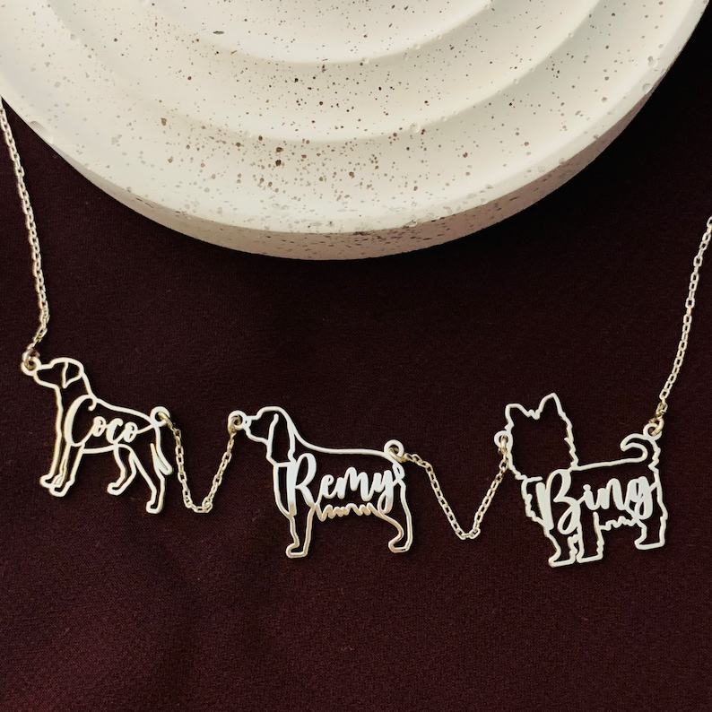 May include: A silver necklace with three dog silhouettes, each with a name inscribed: Coco, Remy, and Bing.