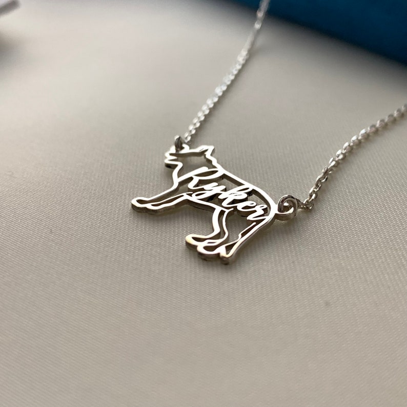 K&ouml;nnte beinhalten: Eine silberne Halskette mit einem Anh&auml;nger in Form einer Hundesilhouette. Der Name des Hundes, "Riker", ist innerhalb der Silhouette des Hundes ausgeschrieben.