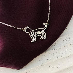Op de afbeelding: Zilveren ketting met een hanger in de vorm van een katten silhouet. De omtrek van de kat is gevuld met de naam "Henry" in cursief.