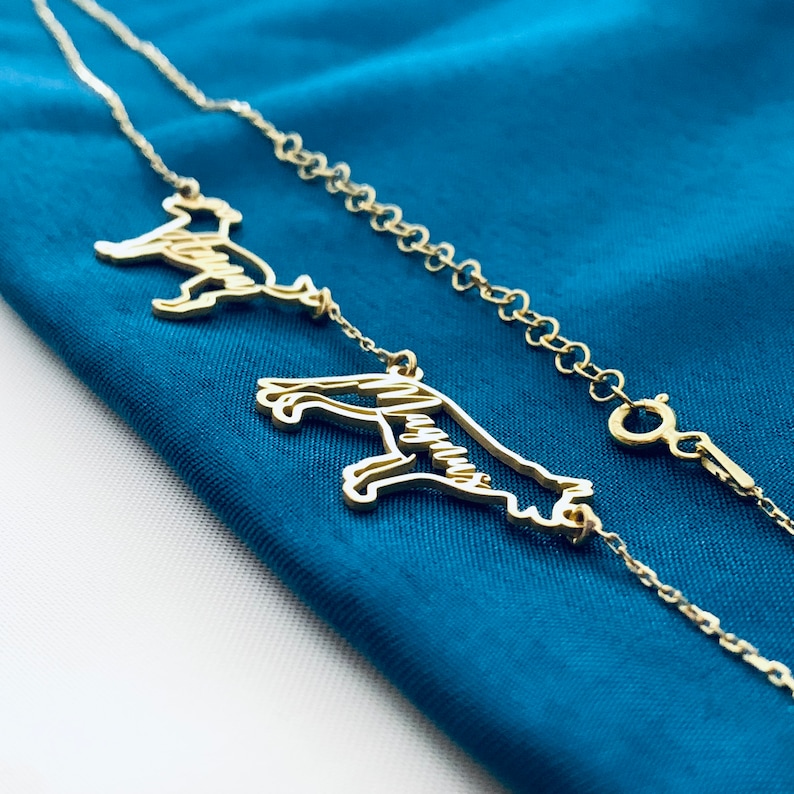 May include: A gold chain necklace with two dog silhouette charms. The chain is delicate and the charms are detailed.