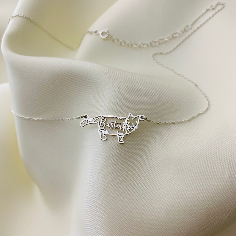 May include: A silver necklace with a cat-shaped pendant. The pendant is cut out in the shape of a cat and the name "Buster" is written inside the cat's body.