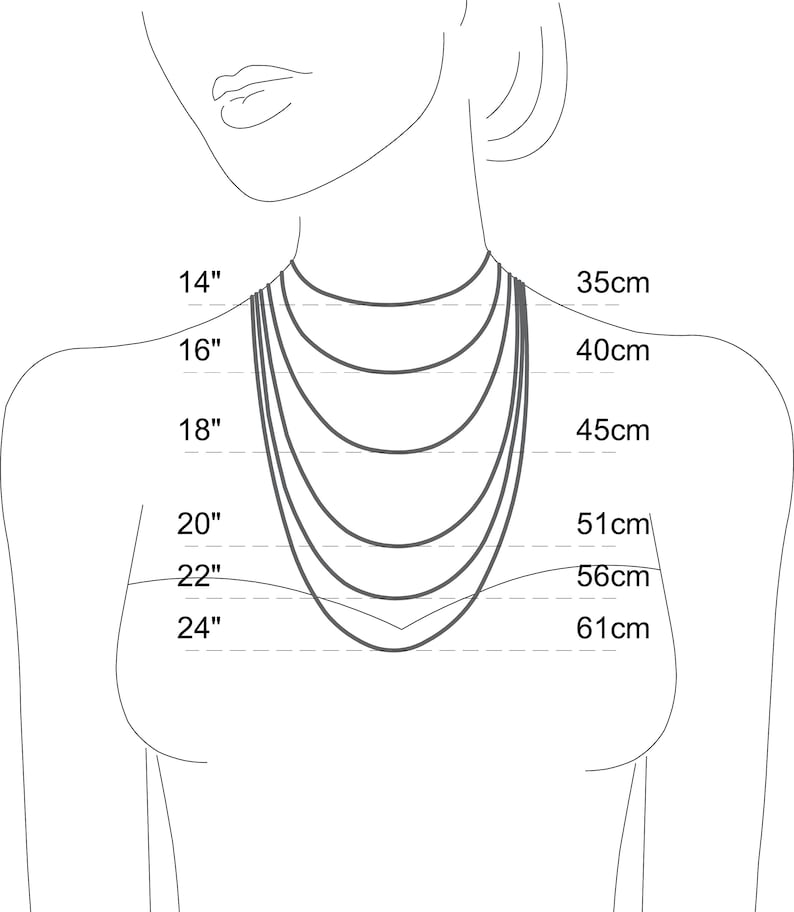 May include: Diagram showing necklace lengths. The image depicts a person's neck and chest with various necklace lengths indicated in inches and centimetres. Measurements range from 14 inches (35cm) to 24 inches (61cm).