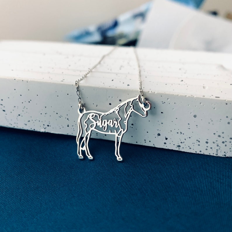 Peut inclure: Un collier en argent avec un pendentif en forme de cheval. Le cheval est dessin&eacute; en contour et le mot "Sugar" est &eacute;crit &agrave; l'int&eacute;rieur du contour.