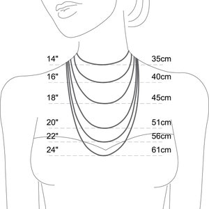 May include: A diagram showing different necklace lengths in inches and centimeters. The lengths are 14 inches (35 cm), 16 inches (40 cm), 18 inches (45 cm), 20 inches (51 cm), 22 inches (56 cm), and 24 inches (61 cm).