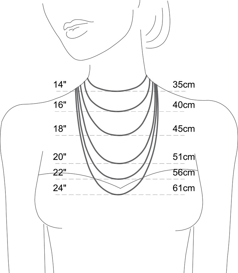 May include: A diagram showing different necklace lengths in inches and centimeters. The lengths are 14 inches (35 cm), 16 inches (40 cm), 18 inches (45 cm), 20 inches (51 cm), 22 inches (56 cm), and 24 inches (61 cm).