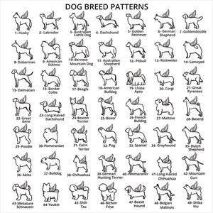 May include: A black and white line drawing chart of 49 different dog breeds with their names and numbers. Each dog breed is depicted with a pair of wings.