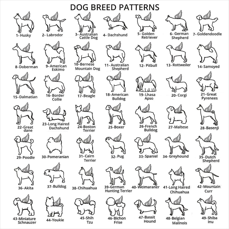 May include: A black and white line drawing chart of 49 different dog breeds with their names and numbers. Each dog breed is depicted with a pair of wings.