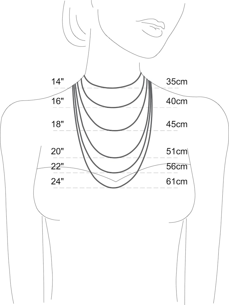 Peut inclure: Diagramme montrant les longueurs de collier en pouces et en centim&egrave;tres. Les longueurs sont de 14 pouces (35 cm), 16 pouces (40 cm), 18 pouces (45 cm), 20 pouces (51 cm), 22 pouces (56 cm) et 24 pouces (61 cm).