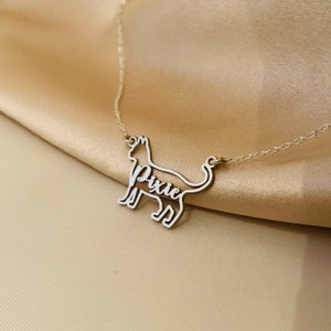 May include: A silver necklace featuring a cat silhouette pendant. The cat's name, "Pixie", is cut out of the metal.