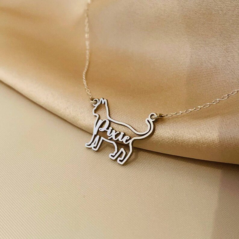 May include: A silver necklace featuring a cat silhouette pendant. The cat's name, "Pixie", is cut out of the metal.