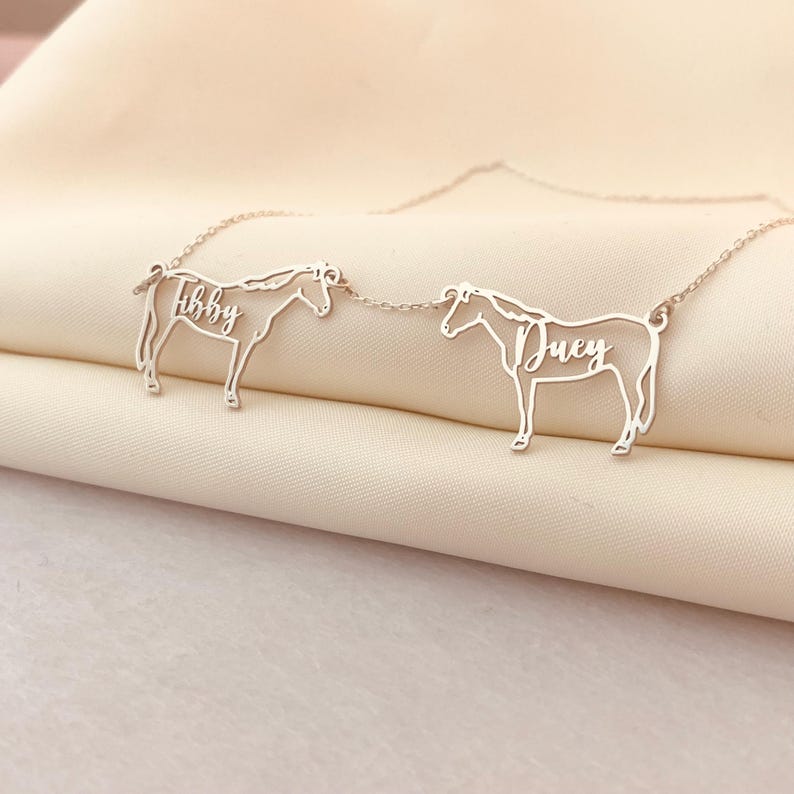 May include: A silver necklace with two horse pendants, each with a name. The horses are linked by a fine chain. One horse has the name "Abby", the other "Duey". The necklace is shown on a light-coloured fabric, with the names in a cursive font.