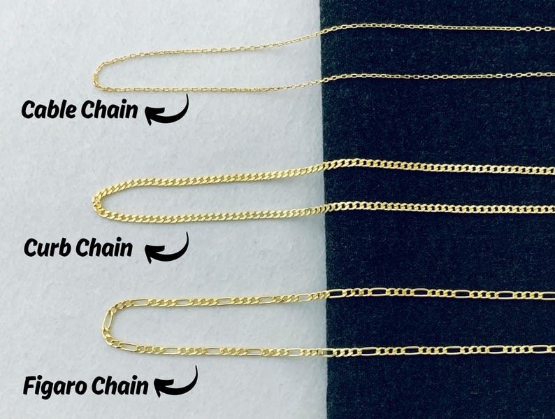 Peut inclure: Pr&eacute;sentation de trois types de cha&icirc;nes en or : c&acirc;ble, gourmette et figaro. Chaque cha&icirc;ne est montr&eacute;e avec une section incurv&eacute;e et son nom est indiqu&eacute;. Les cha&icirc;nes sont pos&eacute;es sur un fond bleu fonc&eacute;, mettant en valeur leur couleur dor&eacute;e.