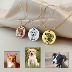 May include: Three personalised pet portrait necklaces. One rose gold with a cat portrait and the name "Dexter". One silver with a dog portrait and the name "Scout". One gold with a dog portrait and the name "Ryder".