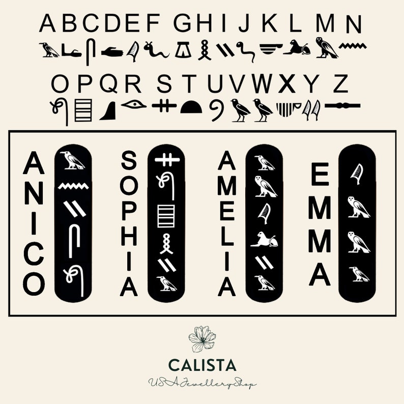 May include: A black and white image of the names Amelia, Sophia, Emma, and Nico written in ancient Egyptian hieroglyphs. The image includes a key showing the hieroglyphs for each letter of the alphabet. The image also includes the text "CALISTA USA Jewellery Shop".