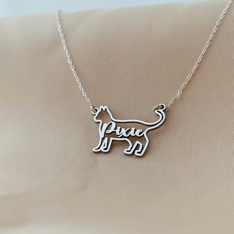 May include: A silver necklace featuring a cat silhouette pendant. The cat's outline is cut out to reveal the name "Pixie" inside.
