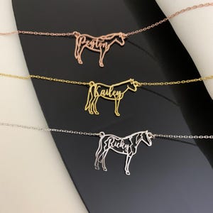 Peut inclure: Trois colliers de cheval en or avec les noms Peyton, Kailey et Ricky d&eacute;coup&eacute;s dans la silhouette du cheval. Les colliers sont sur un fond noir.
