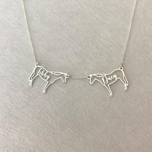 Pu&ograve; includere: Collana d'argento con due sagome di cavalli, ciascuna con un nome inciso. I nomi sono "Tibby" e "Duey".
