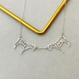 May include: A silver necklace with two horse-shaped pendants, each bearing a name in cursive. The pendants are linked by a fine chain. The necklace is shown against a gold-coloured metal bar and a pale grey background.