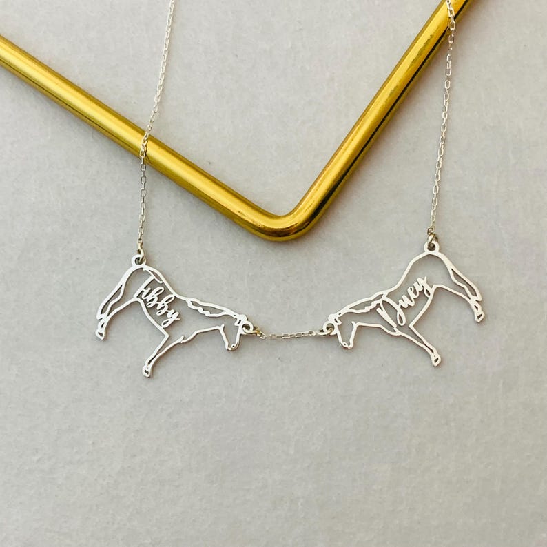 May include: A silver necklace with two horse-shaped pendants, each bearing a name in cursive. The pendants are linked by a fine chain. The necklace is shown against a gold-coloured metal bar and a pale grey background.