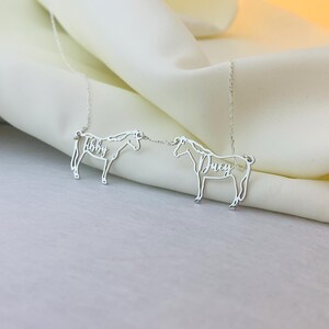 May include: Two silver horse pendant necklaces. Each horse silhouette has a name inscribed within its body. One necklace reads "Abby" and the other reads "Duey". The necklaces are displayed on a cream-coloured fabric.