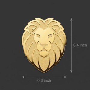 Op de afbeelding: Een goudkleurige leeuwenkop hanger. De hanger is 1 cm hoog en 0,8 cm breed. De manen en gezichtskenmerken van de leeuw zijn gedetailleerd. De achtergrond is donkergrijs.