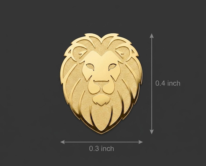 Op de afbeelding: Een goudkleurige leeuwenkop hanger. De hanger is 1 cm hoog en 0,8 cm breed. De manen en gezichtskenmerken van de leeuw zijn gedetailleerd. De achtergrond is donkergrijs.