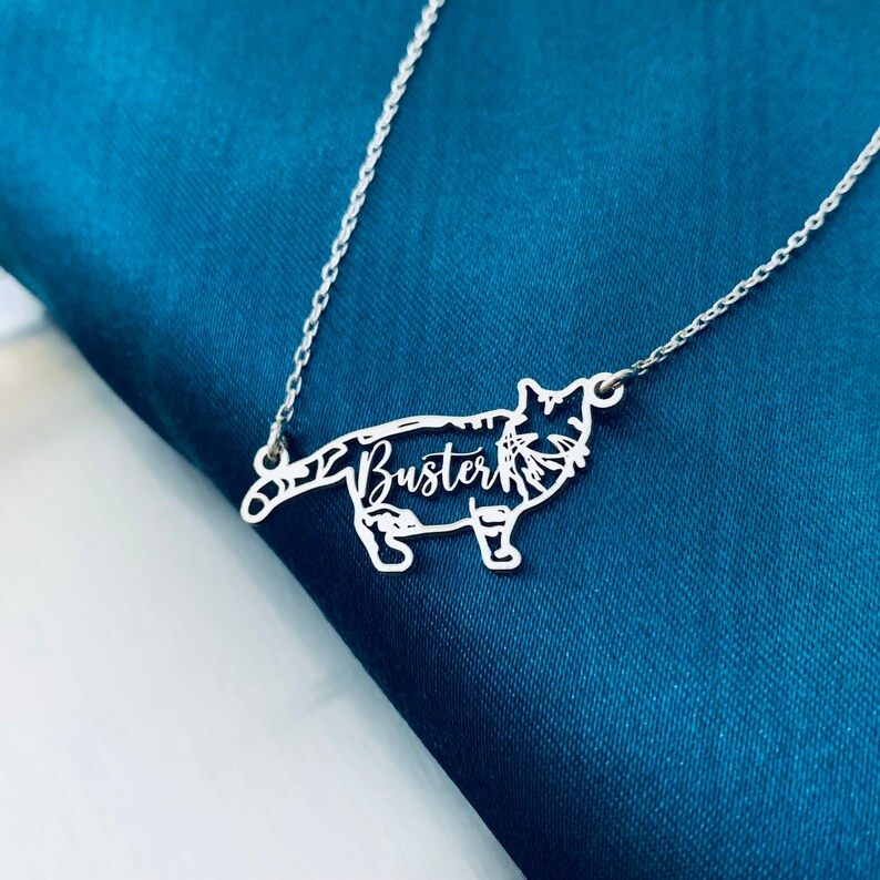 May include: A silver necklace with a cat-shaped pendant. The pendant is cut out in the shape of a cat and has the name "Buster" written inside. The necklace is on a blue fabric background.