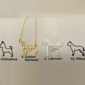 K&ouml;nnte beinhalten: Drei goldene und silberne Halsketten mit Hundesilhouetten. Die Halsketten tragen die Namen "Georgia", "River" und eine leere Stelle. Die Hundesilhouetten sind ein Chihuahua, ein Golden Retriever, ein Labrador Retriever und ein Pitbull.