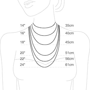 May include: Diagram illustrating necklace lengths. The image shows a person's neck and chest with several necklace lengths marked in inches and centimeters. Measurements range from 14 inches (35cm) to 24 inches (61cm).