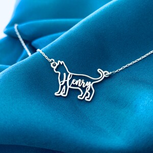 May include: Silver necklace with a cat-shaped pendant. The cat's outline is formed by the name "Henry".