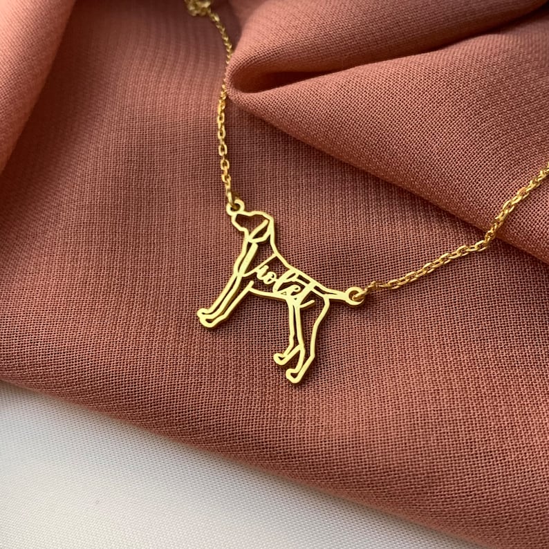 May include: Gold necklace with a dog silhouette pendant. The dog's outline is filled with the word "Lola".