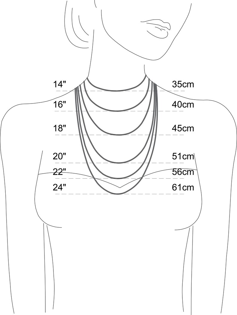 May include: Diagram illustrating necklace lengths. The image shows a neck and chest with several necklace lengths marked in inches: 14", 16", 18", 20", 22", and 24". Corresponding metric measurements are also provided.